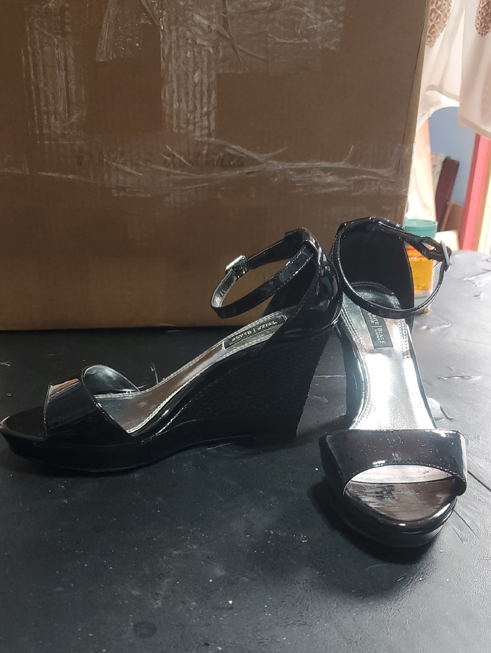 Patent Black Wedge Sandals with Ankle Strap, Gently Used Only Once.